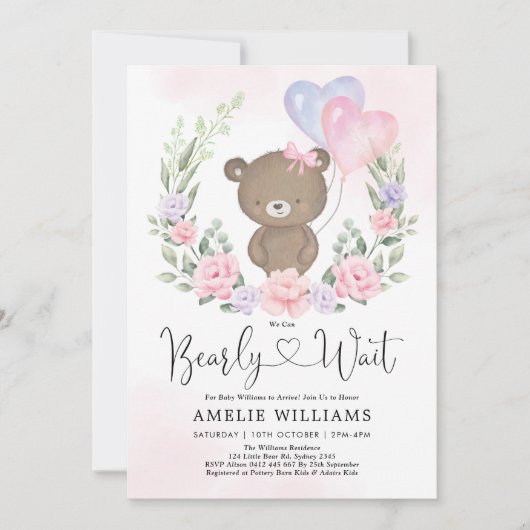 Roze Paarse Teddy Bear Balloons Girl Baby shower Kaart (Voorkant)