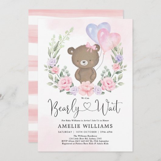 Roze Paarse Teddy Bear Balloons Girl Baby shower Kaart (Voorkant / Achterkant)