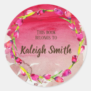 Roze Paarse Tulpen op de Rode Waterverf Boeknaam Ronde Sticker