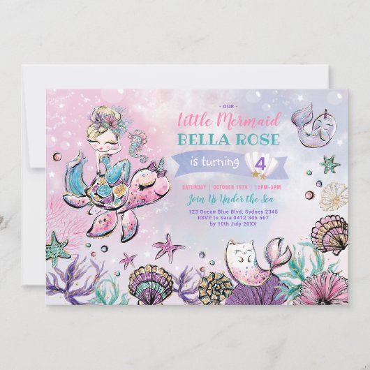 Roze Paarse Turquoise Mermaid Pool Party Birthday Kaart (Voorkant)