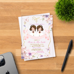 Roze & Paarse Tweeling Meisje Bijbel Primera Comun Acryl Uitnodigingen