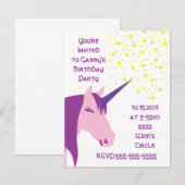 Roze/Paarse Unicorn Birthday Uitnodiging (Voorkant / Achterkant)