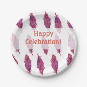Roze Paarse veren Happy Custom Paper Borden Papieren Bordje