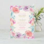 Roze Paarse Vintage Bloemige Trouw Uitnodiging (Staand voorkant)