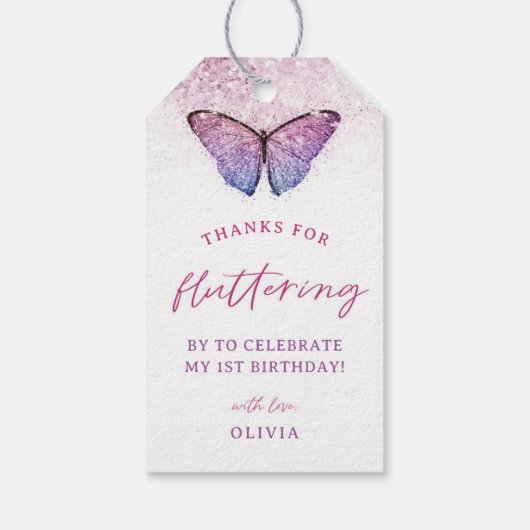 Roze Paarse vlinder 1e verjaardag Favor Cadeaulabel (Achterkant)
