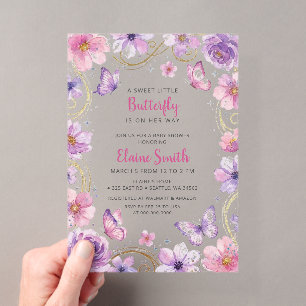 Roze Paarse Vlinder Baby Shower Acryl Uitnodigingen