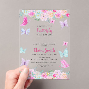 Roze Paarse Vlinder Baby Shower Acryl Uitnodigingen