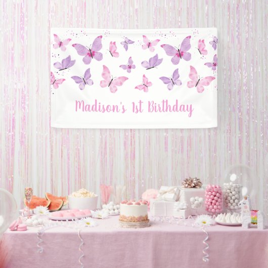 Roze Paarse vlinder Birthday Spandoek (Feest)