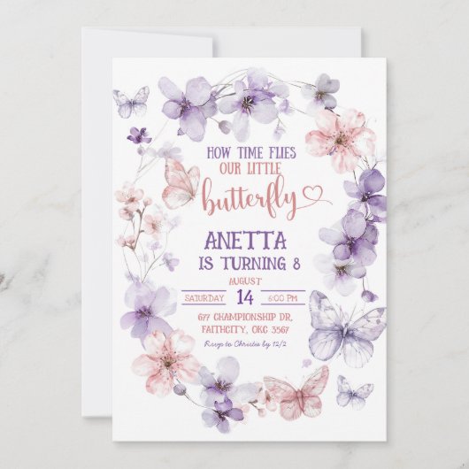 Roze Paarse Vlinder Bloemen Verjaardagsfeest Kaart (Voorkant)