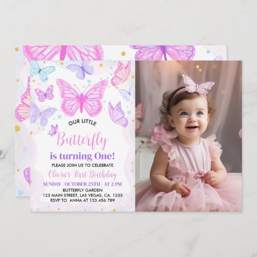 Roze Paarse vlinder eerste uitnodiging (Voorkant / Achterkant)