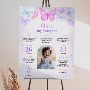 Roze Paarse Vlinder Eerste Verjaardag Milestone PO Poster