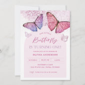 Roze Paarse vlinder meisje 1e verjaardag Kaart (Voorkant)