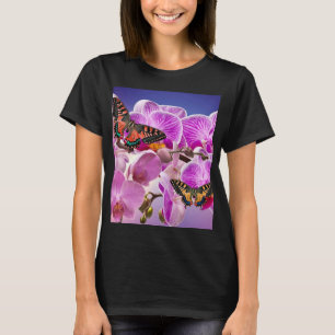 Roze paarse vlinder orchidee bloem waterverf t-shirt