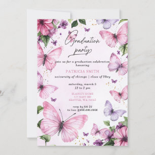 Roze Paarse Vlinders Afstudeerfeest Kaart