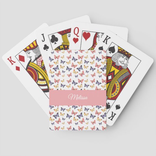 Roze Paarse Vlinders Monogram Naam Pokerkaarten (Achterkant)