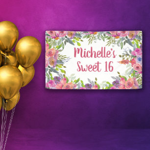 Roze Paarse Waterverf Bloemen Groene Planten Zoete Spandoek