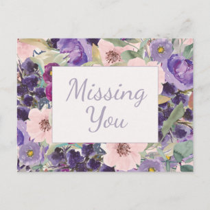 Roze Paarse Waterverf Bloemen Missen Jou Briefkaart