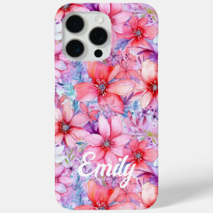 Roze Paarse Waterverf Bloemige Gepersonaliseerde N iPhone 15 Pro Max Hoesje