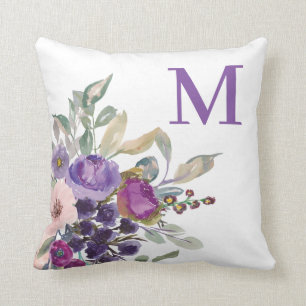 Roze Paarse Waterverf Bloemige Monogram Kussen