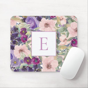 Roze Paarse Waterverf Bloemige Monogram Muismat