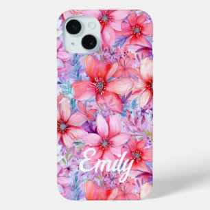 Roze Paarse Waterverf Bloemrijke Gepersonaliseerde iPhone 15 Mini Hoesje