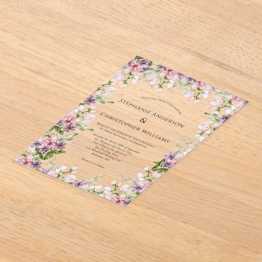 Roze Paarse Waterverf Bloemrijke Groene Huwelijk Acryl Uitnodigingen (Laagn)