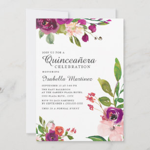 Roze Paarse Waterverf Floral Quinceañera Kaart