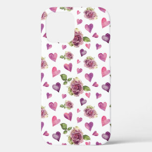 Roze Paarse Waterverf Flowers Hearts iPhone 12 Hoesje