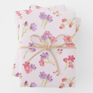 Roze Paarse Waterverf Kosmos Flowers Inpakpapier Vel