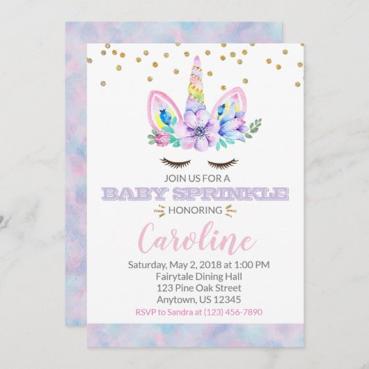 Roze Paarse Waterverf Stijl Unicorn Baby Kaart (Voorkant / Achterkant)