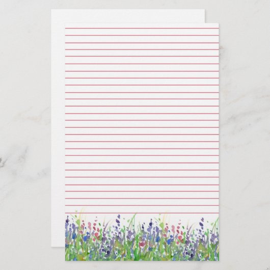 Roze Paarse Waterverf Wildflowers Lined Briefpapier (Voorkant / Achterkant)