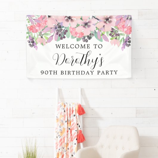 Roze Paarse wilde bloem 90th Birthday Welkom Spandoek (Insitu)