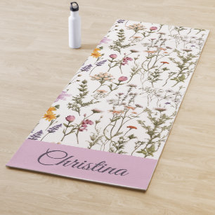 Roze Paarse Wilde Bloem Waterverf Aangepaste Naam Yogamat
