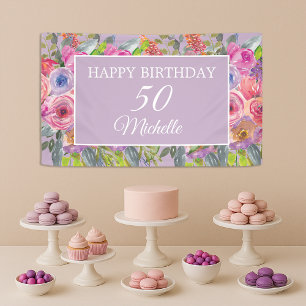 Roze Paarse wilde bloemen Happy 50th Birthday Spandoek