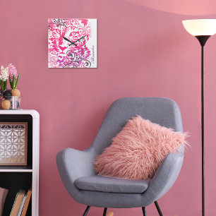 Roze Paarse wilde kat luipaard cheeta met bloei Vierkante Klok