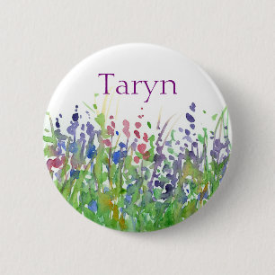 Roze Paarse Wildflowers Waterverf Custom Name Labe Ronde Button 5,7 Cm