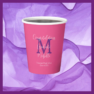 Roze Paarse Witte Monogrammed Graduation Party Papieren Bekers