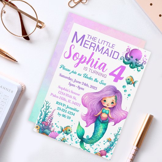 Roze paarse zeemeermin verjaardagsuitnodiging kaart