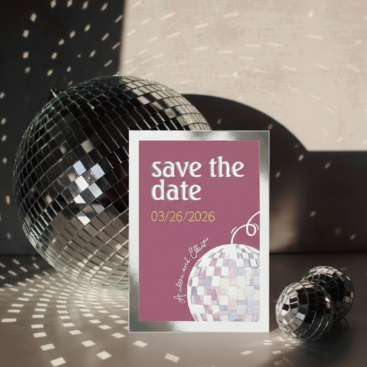 Roze, Paarse & Zilveren Disco Bruiloft Save the Da Folie Uitnodiging