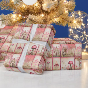 Roze paddenstoelenhuizen cadeaupapier