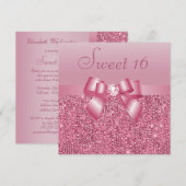 Roze pailletten, Bow & Diamond Sweet 16 Kaart (Voorkant / Achterkant)