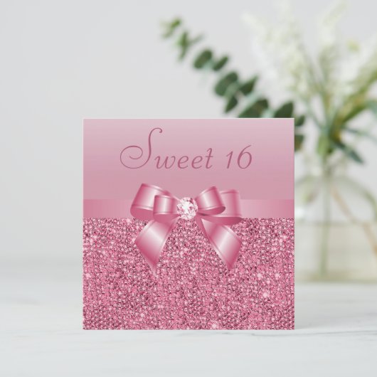 Roze pailletten, Bow & Diamond Sweet 16 Kaart (Staand voorkant)