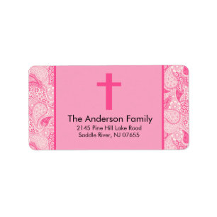 Roze Paisley Cross Religieuze Baptisme Adres Etike Etiket