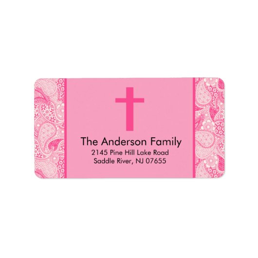 Roze Paisley Cross religieuze doop adreslabel Etiket (Voorkant)