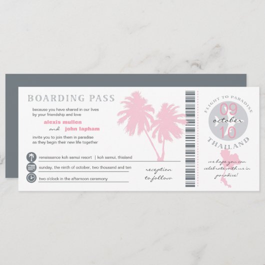 Roze palm Boarding Pass to Thailand Weddenschap Kaart (Voorkant / Achterkant)