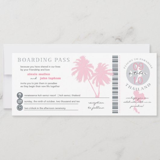 Roze palm Boarding Pass to Thailand Weddenschap Kaart (Voorkant)