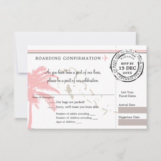 Roze Palm Tree Bahama's Boarding Pass Wedding RSVP (Voorkant)
