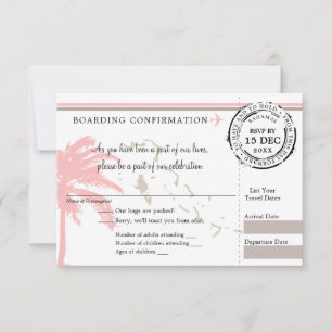 Roze Palm Tree Bahama's Boarding Pass Wedding RSVP Kaartje
