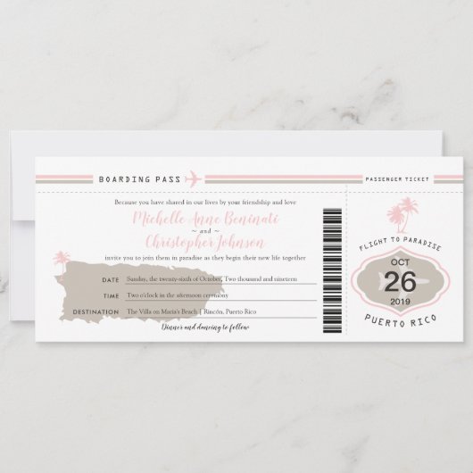 Roze Palm Tree Boarding Pass Puerto Rico Huwelijk Kaart (Voorkant)