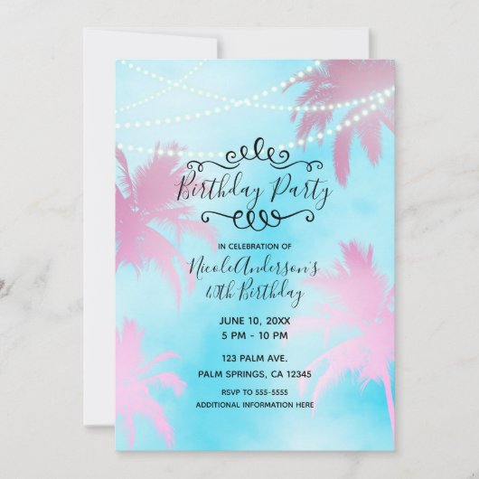 Roze palm Trees Blue Sky and Lights Birthday Party Kaart (Voorkant)